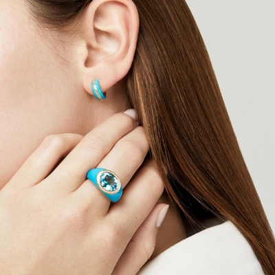 Micro-insert 18K plaqué en or Topaz bleu émail mode bagues en laiton pour femmes