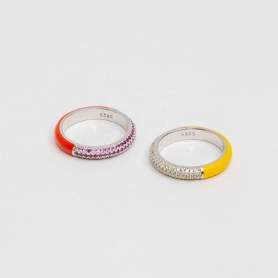 Bague élégante en argent sterling 925, or jaune 18 carats, moitié zircon, moitié émail