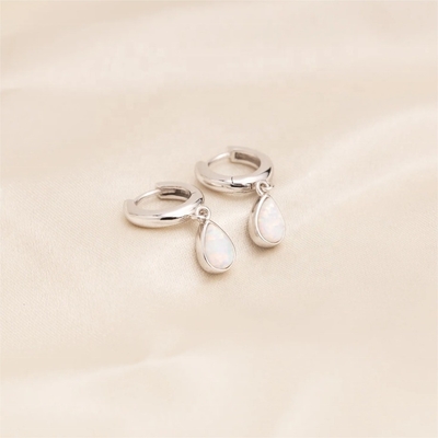 Classic Dangle Opal Cabochon Hoop Earrings in 925 Sterling Silver for Women 7.5mm