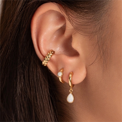 Classic Dangle Opal Cabochon Hoop Earrings in 925 Sterling Silver for Women 7.5mm