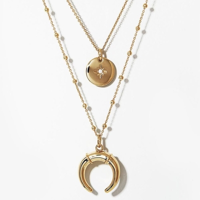 Collier à couches d'or étincelant, ensemble de 45 cm de pièces de zirconie, corne de pièce, collier pendentif