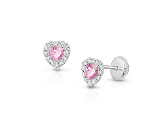 Boucles d'oreilles en argent sterling en forme de cœur rose et blanc CZ Stud avec décoration en pavé pour bijoux de qualité pour enfants