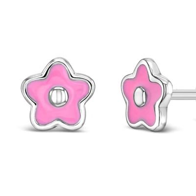 Boucles d'oreilles à clous en argent sterling 925 avec fleur en émail rose de 6 mm, logo personnalisé et expertise tierce pour enfants