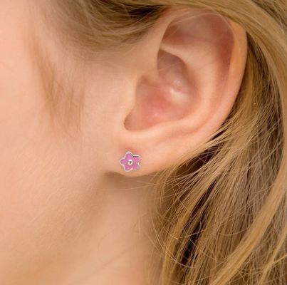 Boucles d'oreilles à clous en argent sterling 925 avec fleur en émail rose de 6 mm, logo personnalisé et expertise tierce pour enfants