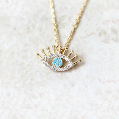 925 Argent Sterling Micro Pave Clair CZ et Turquoise Mauvais Les yeux Pendant Collier Colliers