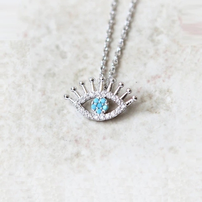 925 Argent Sterling Micro Pave Clair CZ et Turquoise Mauvais Les yeux Pendant Collier Colliers