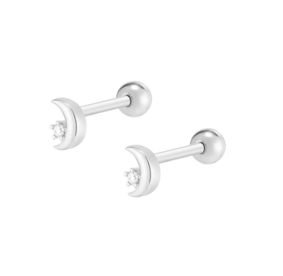 925 Sterling Silver Tiny CZ Moon Piercing Stud Boucle d'oreille avec fermeture à vis à bille