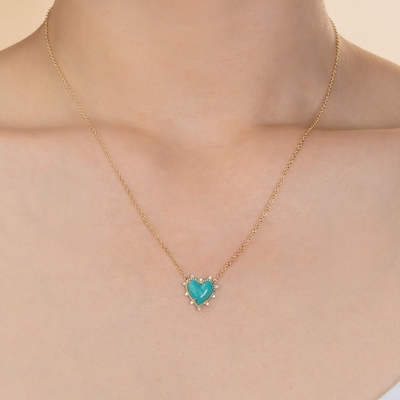 Chaîne en argent sterling 925 bijoux diamant et cœur turquoise