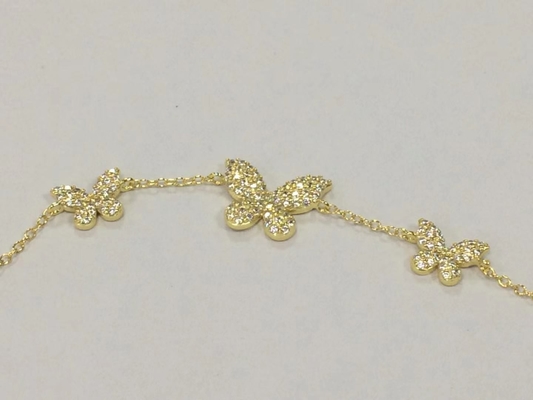 14K or Triple papillon Bracelet de la chaîne Clair CZ Bracelet de la chaîne d'argent 925