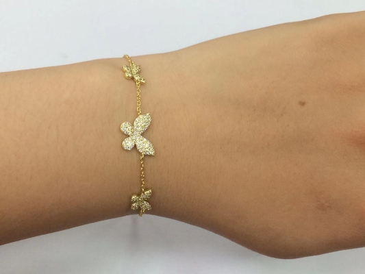 14K or Triple papillon Bracelet de la chaîne Clair CZ Bracelet de la chaîne d'argent 925
