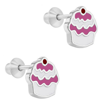 Cupcake émail rose 925 argent sterling vis arrière enfants boucles d'oreilles bijoux