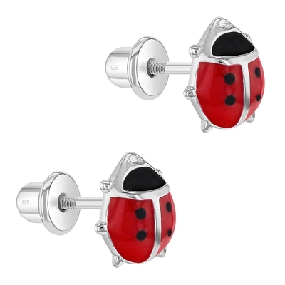 925 Sterling Silver 8mm Pink and Black Enamel Ladybug Stud Earrings for Baby Girls with Screw Back
