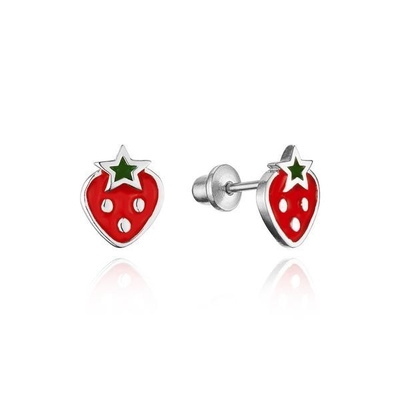 Blanc or plaqué fraise bébé rouge et vert émail vis arrière enfants boucle d'oreille