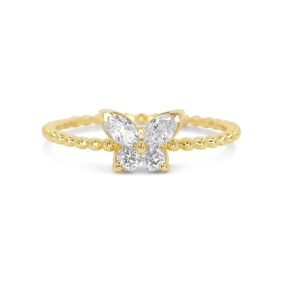 Anneau féminin en argent 925 sterling avec boule dorée 18K et papillon marquise