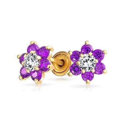 Améthyste de fleur CZ pierre de naissance Bébé filles 925 argent sterling Boucles d'oreilles à vis arrière