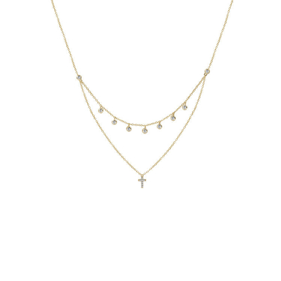 Deux couches de collier de croix de diamant pendentif de rhodium plaqué en or