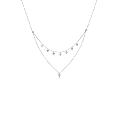 Deux couches de collier de croix de diamant pendentif de rhodium plaqué en or