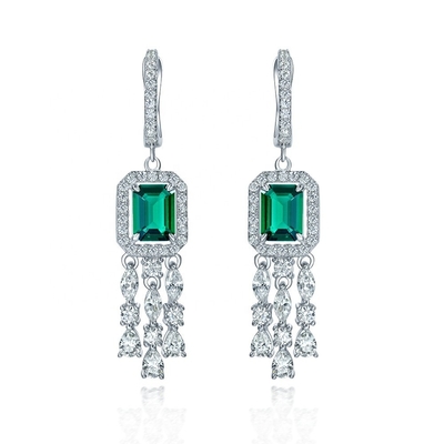 Baguette verte 925 argent sterling réel CZ Boucles d'oreilles en crochet en diamant pour unisexe