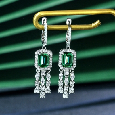 Baguette verte 925 argent sterling réel CZ Boucles d'oreilles en crochet en diamant pour unisexe