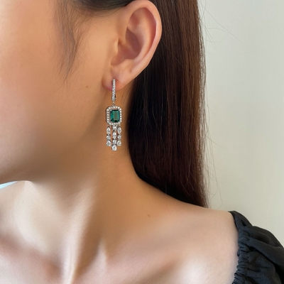 Baguette verte 925 argent sterling réel CZ Boucles d'oreilles en crochet en diamant pour unisexe