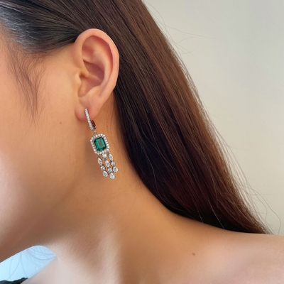 Baguette verte 925 argent sterling réel CZ Boucles d'oreilles en crochet en diamant pour unisexe