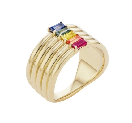 Baguette arc-en-ciel plaqué en or 18K coupé CZ Multi Fashion 925 Sterling Silver Femmes Anneaux