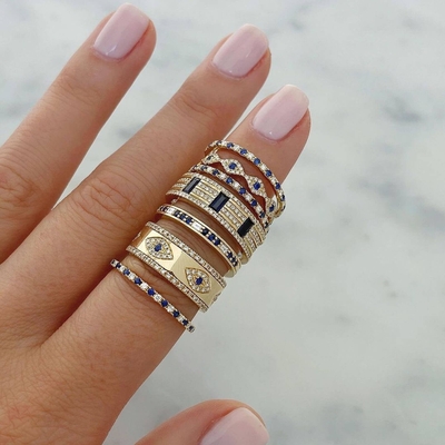Bleu Saphir Blanc CZ Eye Femmes Eternité Band Brass Eternité Ringe Pour Femmes