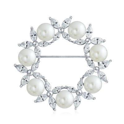 Broche de feuille de cercle plaquée en or broche de perle blanche 925 broches de luxe en argent pour femmes