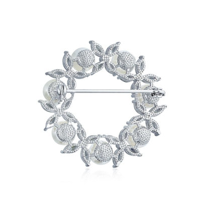 Broche de feuille de cercle plaquée en or broche de perle blanche 925 broches de luxe en argent pour femmes