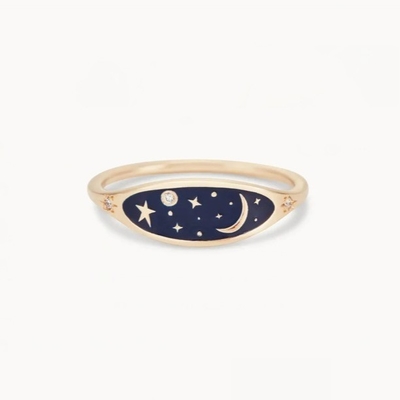 En or 18K plaqué à la main Émail bleu de minuit 925 argent sterling rond Brillant CZ bague pour filles