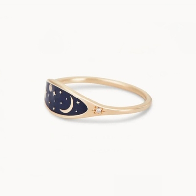 En or 18K plaqué à la main Émail bleu de minuit 925 argent sterling rond Brillant CZ bague pour filles