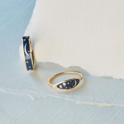 En or 18K plaqué à la main Émail bleu de minuit 925 argent sterling rond Brillant CZ bague pour filles
