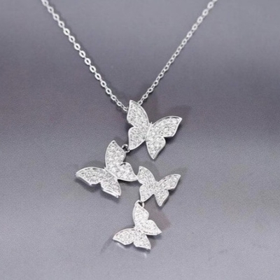 925 Sterling Silver Blanc or Platé Micron Pave 4 Papillons Charme Pendant Pour Les Femmes