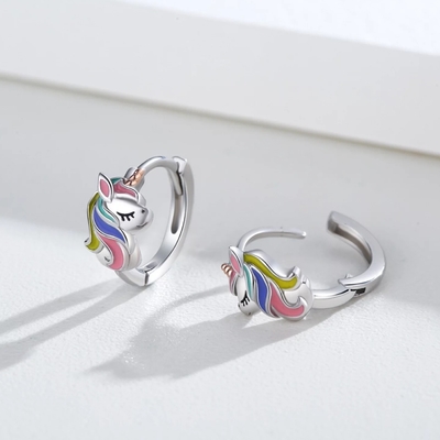 Unicorn enduit de rhodium Colorier émail Huggies Boucles d'oreilles pour adolescents bijoux de mode
