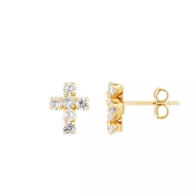 925 Sterling Silver Blanc Cube Zirconia Croix Bouton Boucles d'oreilles avec 18K or