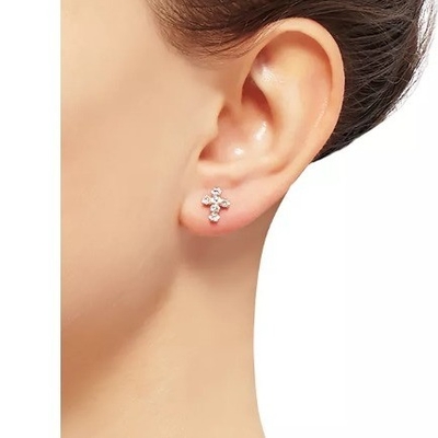 925 Sterling Silver Blanc Cube Zirconia Croix Bouton Boucles d'oreilles avec 18K or