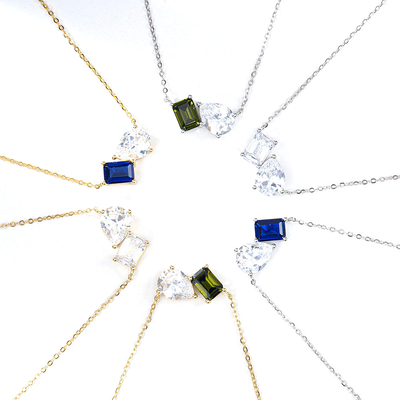 Vente à chaud 925 coupe de coussin d'argent Saphir et rectangle coupe blanc Zircon couleur bloc Zirconie Double pierre pendentif colliers