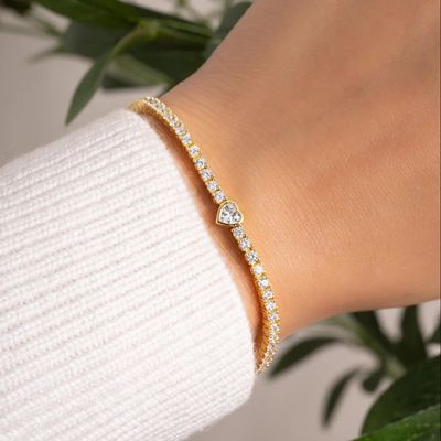 Bracelet de tennis en forme de cœur plaqué or 14 carats et argent sterling 925 avec zircon