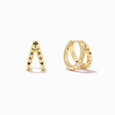 Boucles d'oreilles créoles doubles Huggies en argent sterling 925 plaqué or 18 carats uniques, pyramide, bijoux épais et imperméables