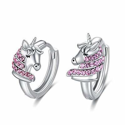 Boucles d'oreilles créoles licorne en argent sterling 925 de 16 mm avec CZ rose pour enfants