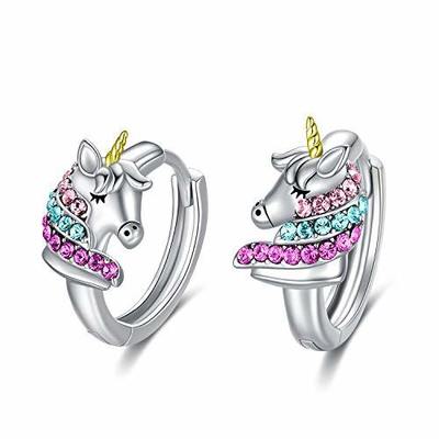 Boucles d'oreilles créoles licorne en argent sterling 925 de 16 mm avec CZ rose pour enfants