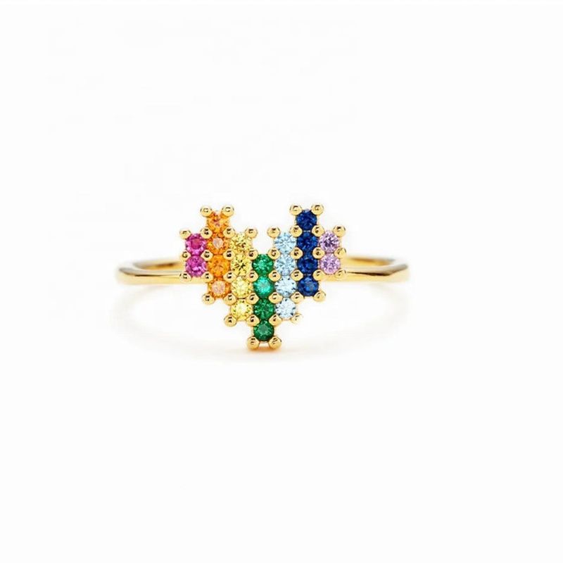 Bague de fiançailles de mariage en or 18 carats avec un joli design en forme de cœur et arc-en-ciel