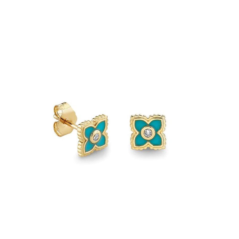 Mini boucles d'oreilles clous fleur en argent sterling 925, plaqué or 18 carats et émail turquoise