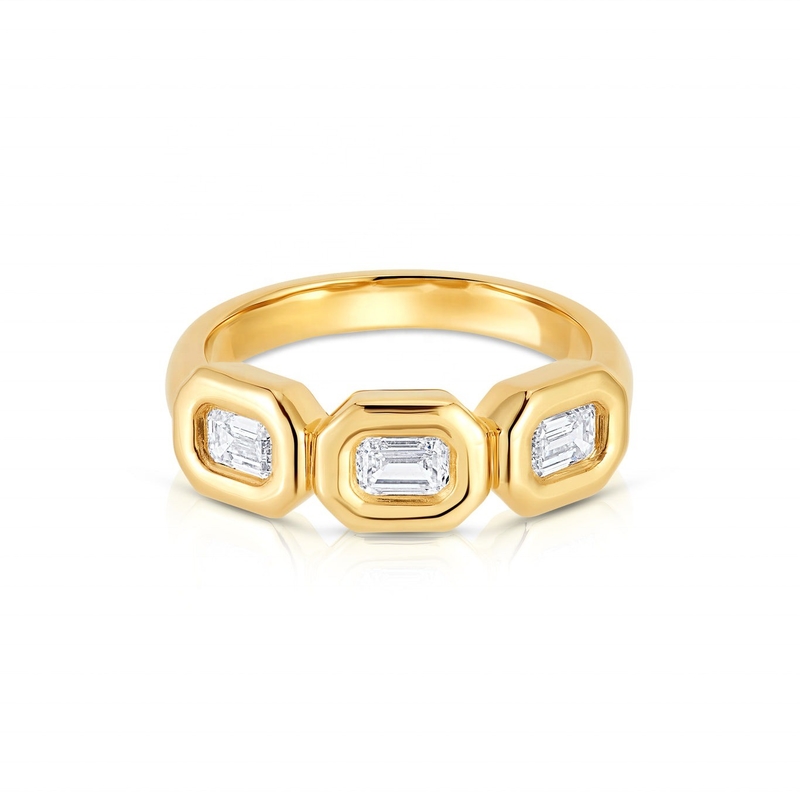Anneau en argent triplé émeraude fait à la main avec pierre de zircon AAA et plaque d'or 14K