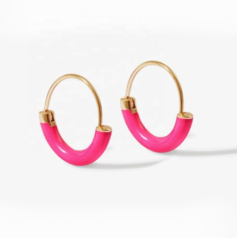 Boucles d'oreilles en argent sterling 925 18 mm avec émail rose chaud et or 18K