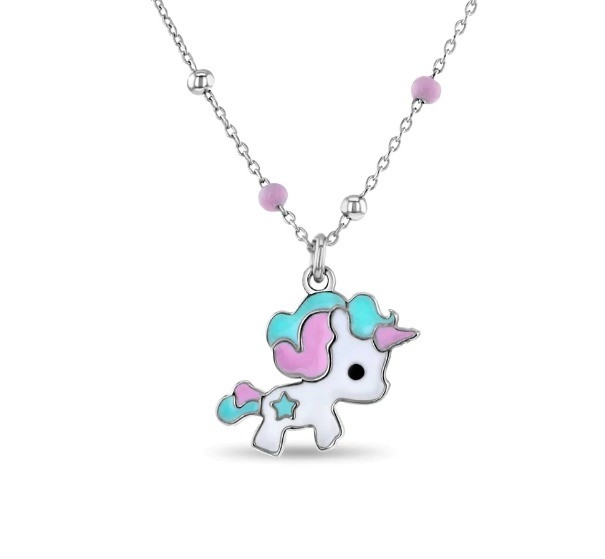 Collier de collier en émail Unicorn pour enfants 925 Sterling Silver Blanc or plaqué