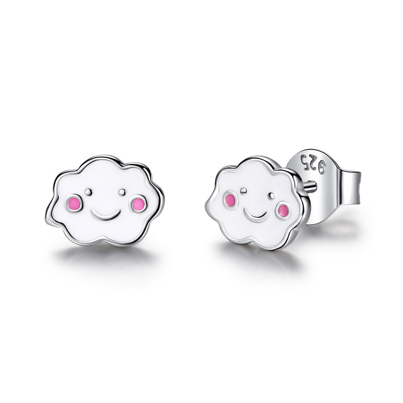 Rhodium plaqué 925 nuages d'argent boucles d'oreilles en émail pour bébés enfants petite fille