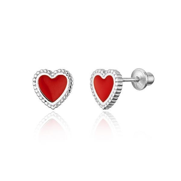 Boucles d'oreilles en argent de 925 sterling avec un cœur émailé rouge