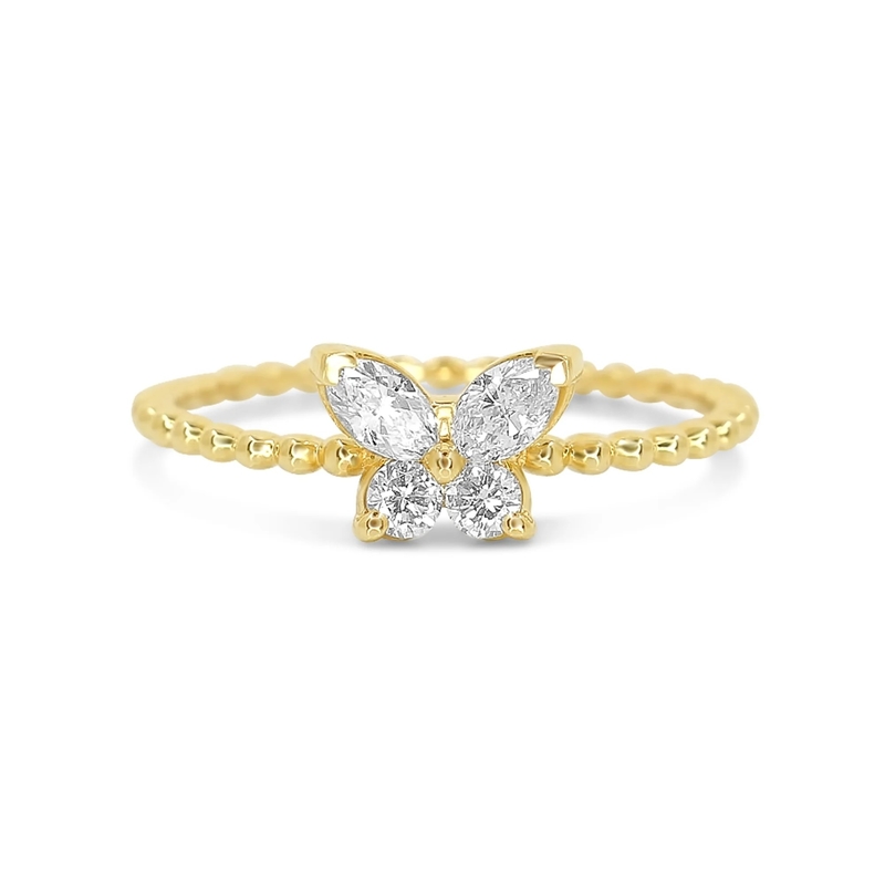 Anneau féminin en argent 925 sterling avec boule dorée 18K et papillon marquise