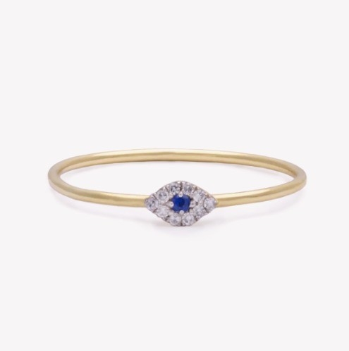Mini-anneau de pavé de style classique avec œil de diamant et saphir bleu en argent sterling 925